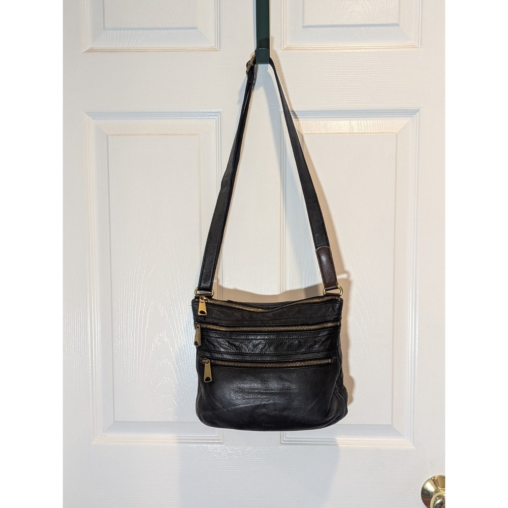 Vintage Fossil Black Leather Crossbody Organizer Bag Multi Zip Brass Adjustable